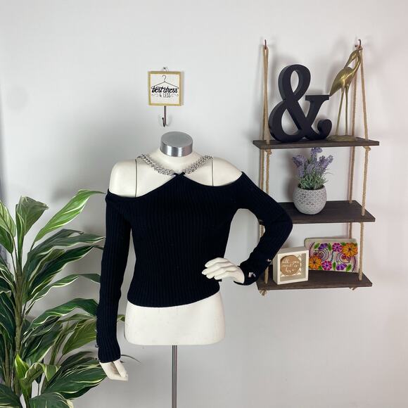 Giuseppe di Morabito Black Cold Shoulder Chain Sweater Top